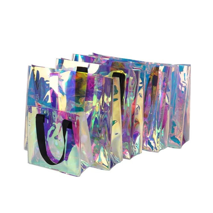 新しいファッションホログラフィック虹色プリント透明防水レーザーPVCバッグ女性ワンショルダートートバッグ