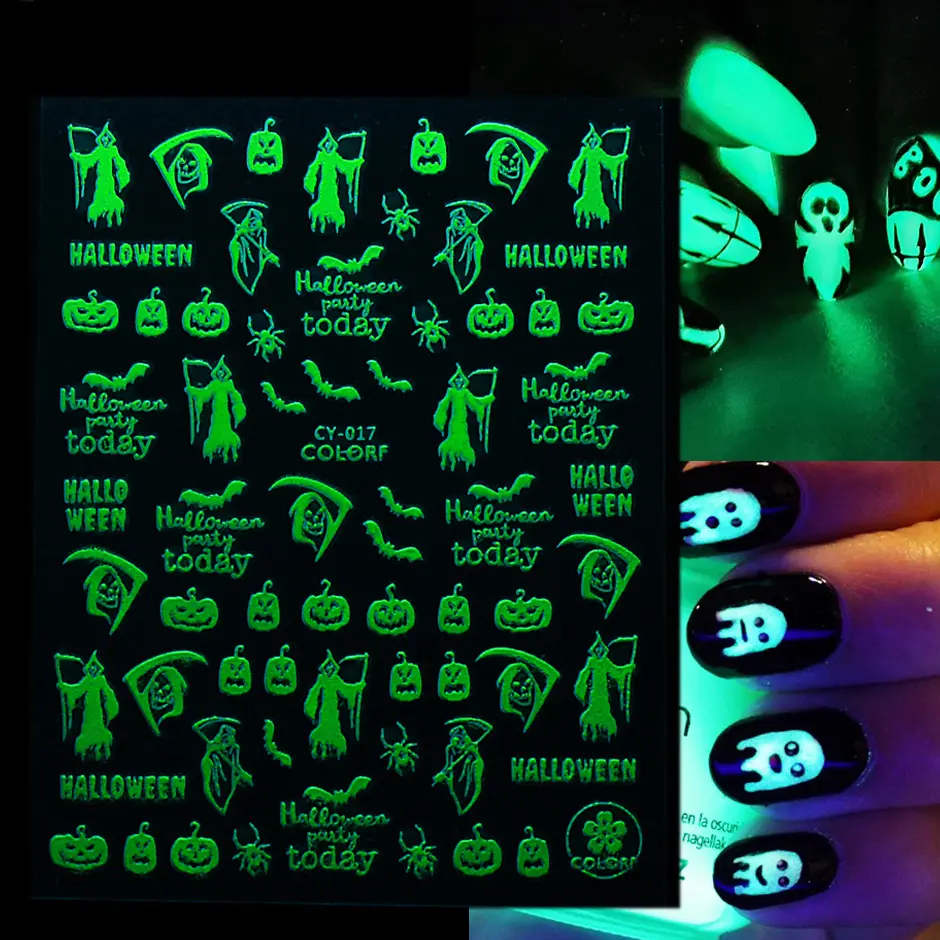 2021 del nuovo Halloween 3D Glow Scuro Nail Polish Adesivi Scheletro Zucca Partito Glow Scuro Autoadesivi di Arte Del Chiodo per arte del chiodo decorazione