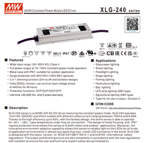 MEAN WELL XLG-240-H-AB 240W 2400‑6660mA 27‑56V 3 In 1 Dimmable Constant Power IP67 Waterproof LED Driver AC100‑305Vac - Product Image 2
