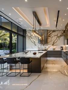 Mesa de Isla de cocina modular inteligente europea, acabado de madera de mármol, fregadero de almacenamiento de Mdf prefabricado, armarios de cocina de Mdf personalizables - Product Image 5