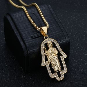 Collier pendentif main de Fatima Saint Jude en acier inoxydable plaqué or avec incrustation de diamants, bijou unisexe, cadeau - Product Image 3