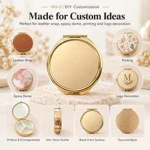 Boîte à pilules ronde en métal plaqué or clair avec miroir, 3 compartiments, organiseur de médicaments portable, étui de rangement pour bijoux et bibelots de voyage - Product Image 1