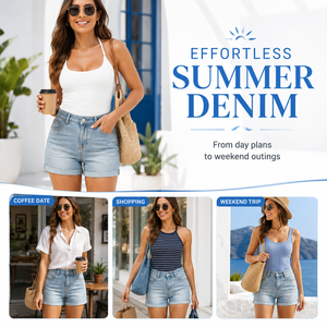 Shorts in denim da donna a vita alta, cinque tasche, chiusura con cerniera, stile sportivo, vestibilità skinny, in poliestere, motivo a quadri azzurro, tessuto a maglia - Product Image 4