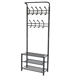 ห้องโถง Organizer โลหะ Coat Rack ตะขอเก็บรองเท้าหนัง Bench