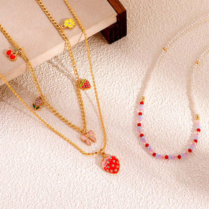 Collar de cadena de oro <span class=keywords><strong>en</strong></span> capas con cuentas coloridas personalizadas con amuleto de cereza fresa <span class=keywords><strong>para</strong></span> amantes collar de moda <span class=keywords><strong>para</strong></span> parejas - Product Image 3