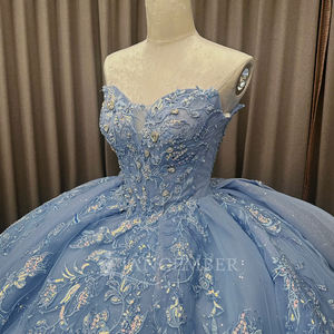 Vestidos de Quinceañera Azul Claro Brillante con Apliques, Cintura Natural, Fiesta, Flores 3D, Cuentas, Encaje, Cumpleaños, LSMC79 - Product Image 4