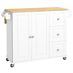 Carrello da Cucina con Ruote e Piano Ribaltabile, 3 Cassetti, Ripiani, Top in <span class=keywords><strong>Legno</strong></span> Naturale <span class=keywords><strong>Bianco</strong></span>, Design Moderno - Product Image 1