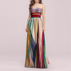 Vestido largo estampado de primavera para mujer, estilo europeo americano, sexy, sin tirantes, colorido, para fiesta de noche. - Product Image 1