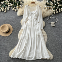 Ensemble robe longue d'été élégante pour femme avec manches lanternes, patchwork en dentelle et taille cintrée superposée