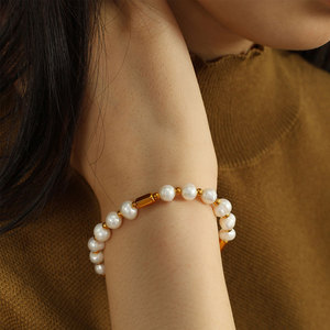 Custom Wholesale Stainless Steel Fashion Bead Freshwater Pearl <b>Bracelet</b> 14k 18k Gold Plated <b>Bracelet</b> & <b>Bangles</b> for Women - Product Image 2