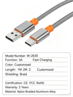Câble USB 2.0 Type C de synchronisation de données et de charge rapide disponible en 1M, 2M, 3M - Prix de gros en vrac - Câble USB Type-C
