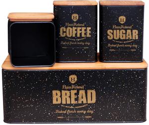 Metal Bread <strong>Bin</strong> 5pcs Black <strong>Red</strong> Kitchen Storage Canister Set Bamboo Lid Tea Coffee Sugar Canister - Product Image 5