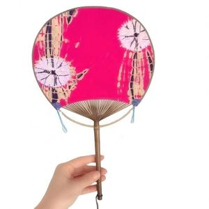 2023 Chinese Style Embroidery Round Hand Fan with Bamboo Handle Blue <b>Tie</b>-Dye Fabric Classical Folk Art Design - Product Image 6