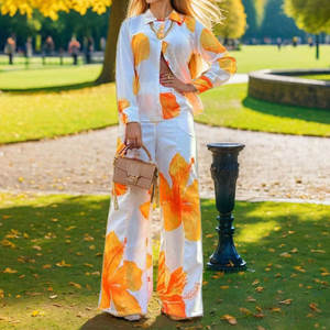 Abbigliamento moda Design stampato nuovo stile camicia pantaloni larghi due pezzi Homewear <span class=keywords><strong>donna</strong></span> d'affari <span class=keywords><strong>Casual</strong></span> 2 pezzi Set da <span class=keywords><strong>donna</strong></span> - Product Image 6