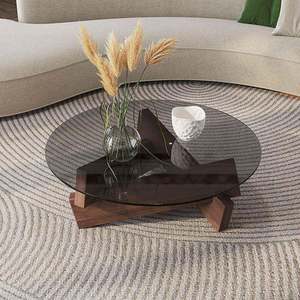 NKAHS-CT-008 Modern Eco-Friendly <b>Solid</b> <b>Wood</b> Round Coffee <b>Table</b> with Glass <b>Top</b> Minimalist Design Living Room Furniture - Product Image 1