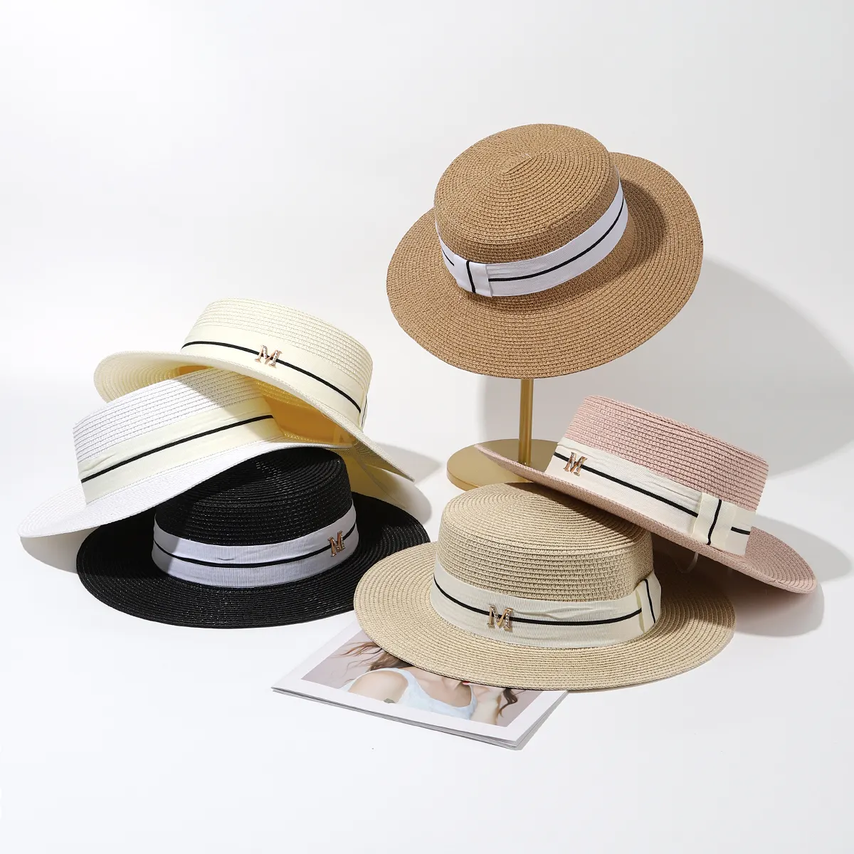 Fashion Women Summer Beach Sun Paper Ribbon Sombreros Flat Boater Sun Straw Hat Cap For Girls Summer Beach Straw Hat