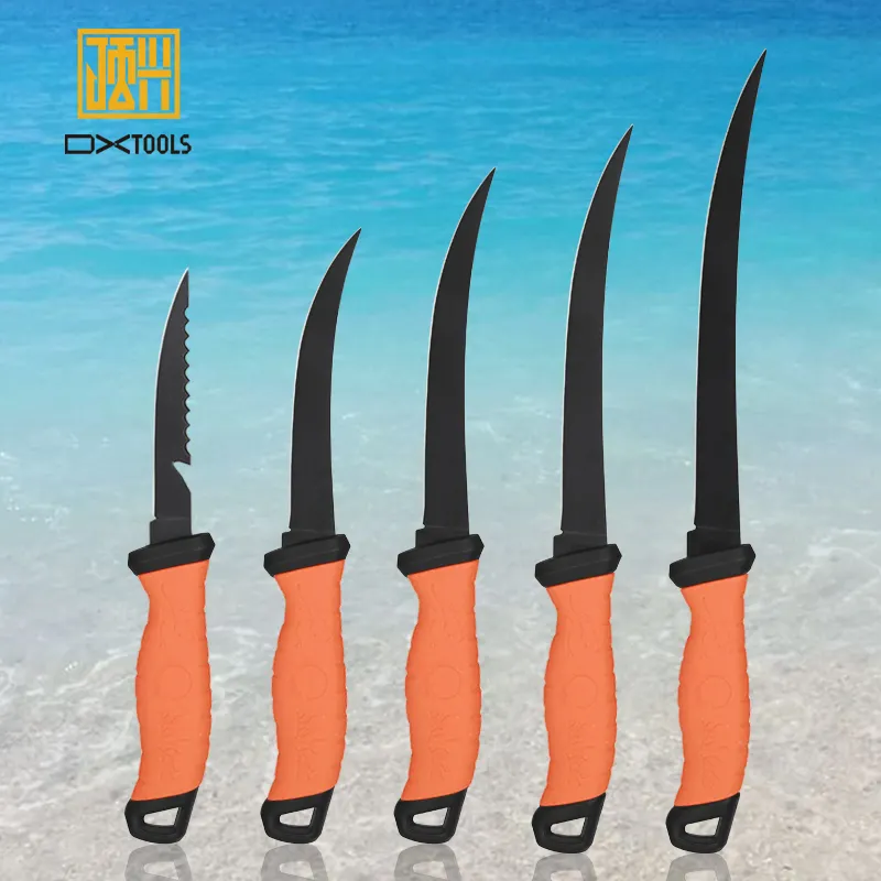 Cuchillo de pescado de acero inoxidable con mango de PP + TPR, hoja de filtro suave, recubrimiento negro, novedad