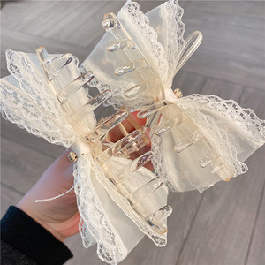 Elegant French Style Lace <b>Bow</b> Hair Claw Clip <b>Large</b> Fabric Shark Design for Women Bridal Prom Hair Accessories Environmental - Product Image 6