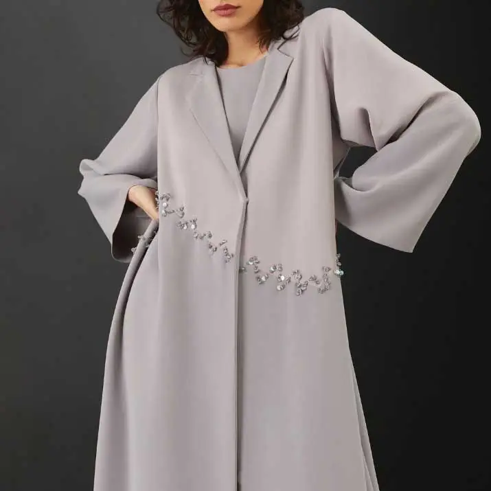 Oem Designer Abaya Eid Luxe Casual Grijze Kralen Geborduurd Hoge Kwaliteit Arabaya Nieuw Ontwerp