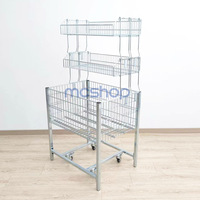 Table promotionnelle portable à 3 niveaux, style moderne, avec mini-bacs de présentation en fil d'acier zingué et roulettes détachables