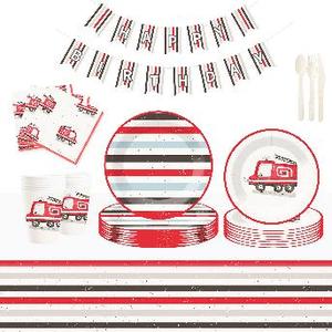 DAMAI Nouvelle Collection Vaisselle de Fête Personnalisée Jetable Camion de Pompiers Imprimé Rayures Rouges Assiettes Gobelets Serviettes en Papier - Product Image 6