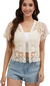 Boléro à manches courtes pour <span class=keywords><strong>femme</strong></span>, en dentelle crochetée, cardigan ouvert avec doublure en laine mohair - Product Image 3