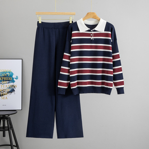Ensemble décontracté deux pièces pour <span class=keywords><strong>femme</strong></span>, style européen transfrontalier, <span class=keywords><strong>nouvelle</strong></span> <span class=keywords><strong>collection</strong></span> Printemps/Automne 2026, pull rayé à revers et <span class=keywords><strong>pantalon</strong></span> large - Product Image 1