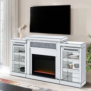 Luxury Living Room Furniture TV Stand Sparkling Crushed Diamond Mirrored Fireplace with LED and Speaker