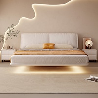 Lit suspendu en cuir de style crème minimaliste italien, avec éclairage à capteur, lit double rembourré pour chambre principale moderne
