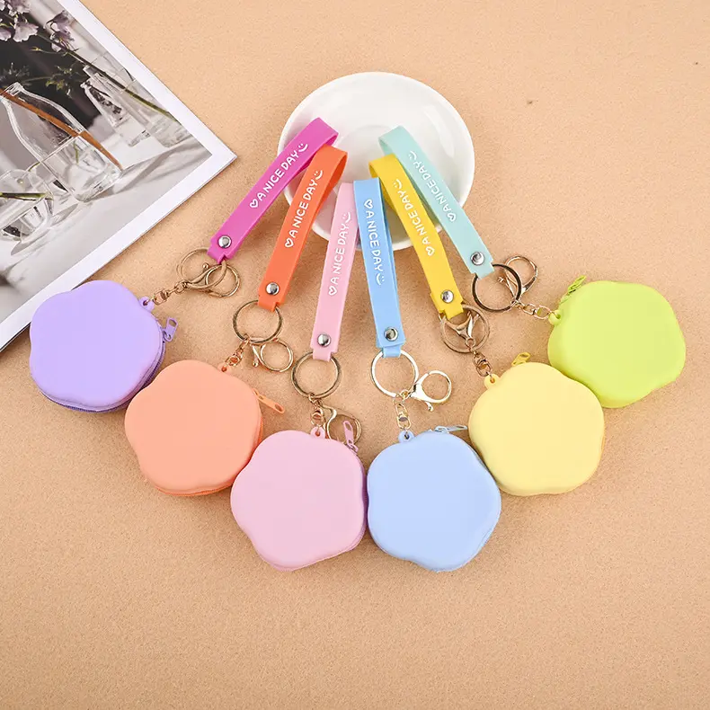 New Arrival Flower Design Mini Pouch Cute Holders Small Silicone Rubber Coin Purse Key Chain Round