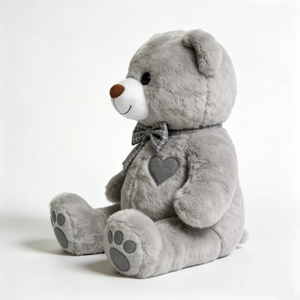 Ours en peluche gris doux personnalisé, ours en peluche gris moelleux assis avec nœud papillon à carreaux gris et cœur brodé sur la poitrine - Product Image 2