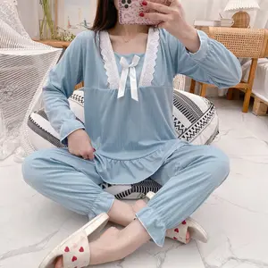 लड़की Loungewear Baju पाजामा Pijama डे Algodon Mujer कोरियाई पजामा महिलाओं के लिए ठोस रंग नाइटवियर 2 टुकड़ा सेट Nightwear