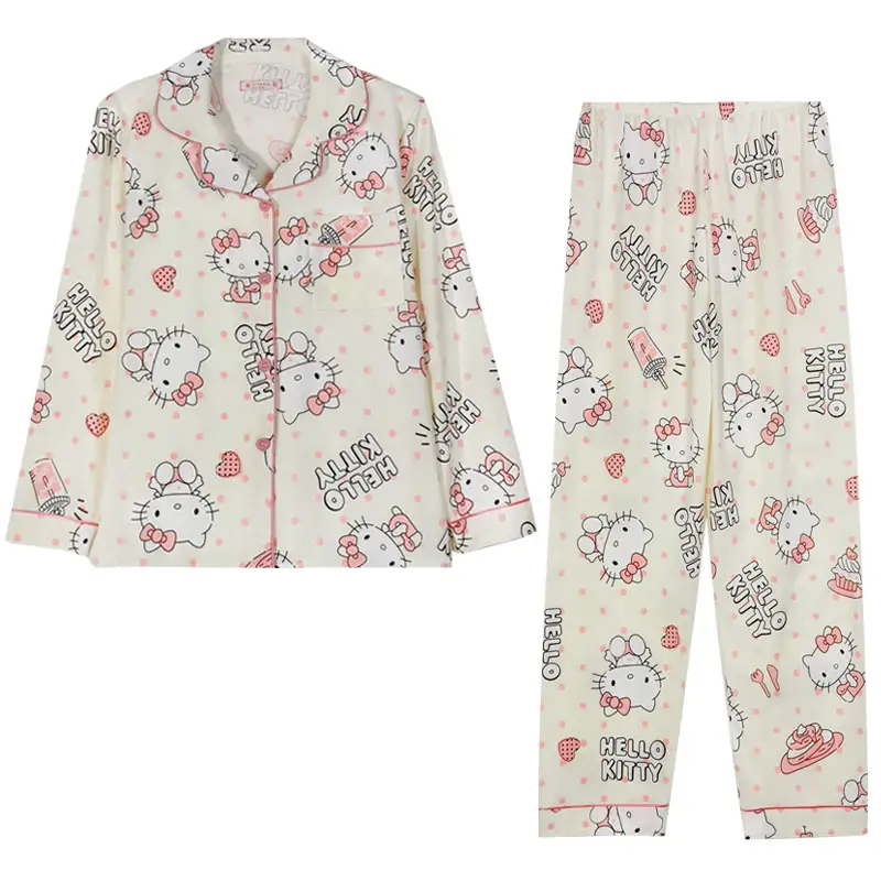 Комплект кардигана с длинным рукавом весна-осень пижамы с принтом Hello Kitty Милая женская домашняя одежда с мультяшным принтом