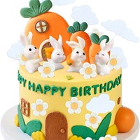 Hasen-Karotten-Garten Geburtstagstorten-Deko-Set Happy Birthday Kaninchen Blumen Wolken Kuchendekoration Partyzubehör Tortendekoration