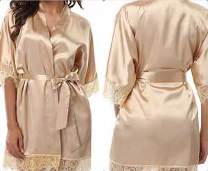 X557 Offre Spéciale lisse satin <span class=keywords><strong>peignoir</strong></span> avec ceinture mature dentelle soie robe demi manches pyjamas femmes vêtements de nuit - Product Image 2