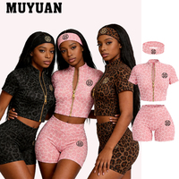 Ensemble 3 pièces pour femme : veste zippée à manches courtes, style streetwear personnalisé, en Spandex/Coton, imprimé léopard, coupe au-dessus du genou, respirant