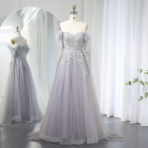 Robe de soirée de luxe à manches cape, motif plumes naturelles, style Dubaï, élégante, épaules dénudées, pour mariage ou fête, longueur ras du sol, coupe trapèze, SZ262-1 - Product Image 1