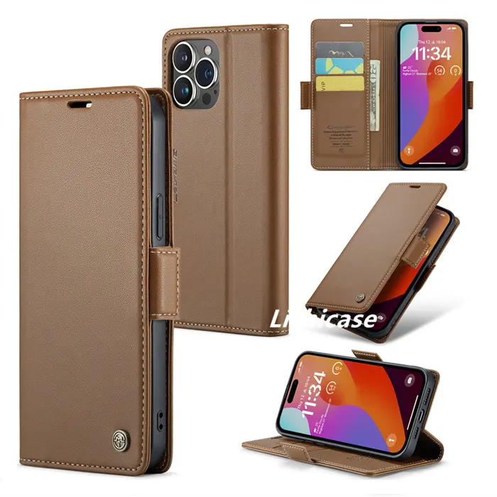 Lichicase Magnetic Adsorption Wallet Leather Case For iPhone 15 Pro Flip Stand Back Cover