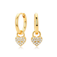 Boucles d'oreilles créoles pendantes en argent sterling 925 plaqué or 18 carats avec cœur en oxyde de zirconium étincelant, hypoallergéniques, pour femme