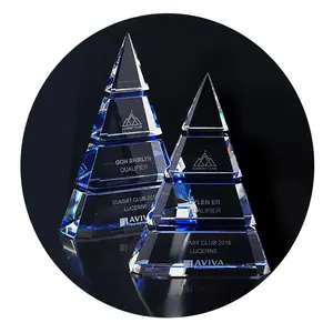 Customized Award Manufacturer Pyramid Shaped Combined Clear Blue Crystal Glass Trophy