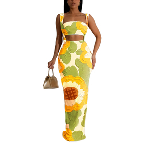 <b>Sexy</b> Spaghetti Straps Long Dress Breastplug Solid Color Casual Two-piece <b>Set</b> for Women Fashion - Product Image 1