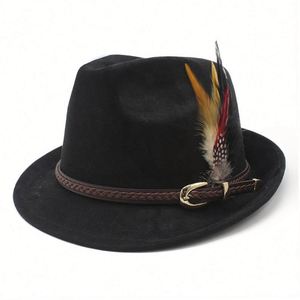 2025 New Autumn Winter Suede Fedora <b>Hat</b> Classic Simple Jazz <b>Hat</b> Short Brim Feather Fedora <b>Hat</b> - Product Image 3