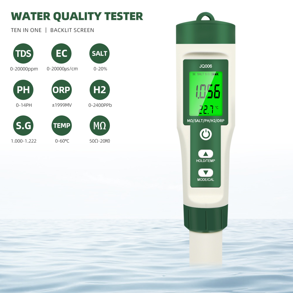 10 in 1 디지털 PH/TDS/EC/SALT/TEMP/S.G/ORP/H2/비옥 한/저항력 미터