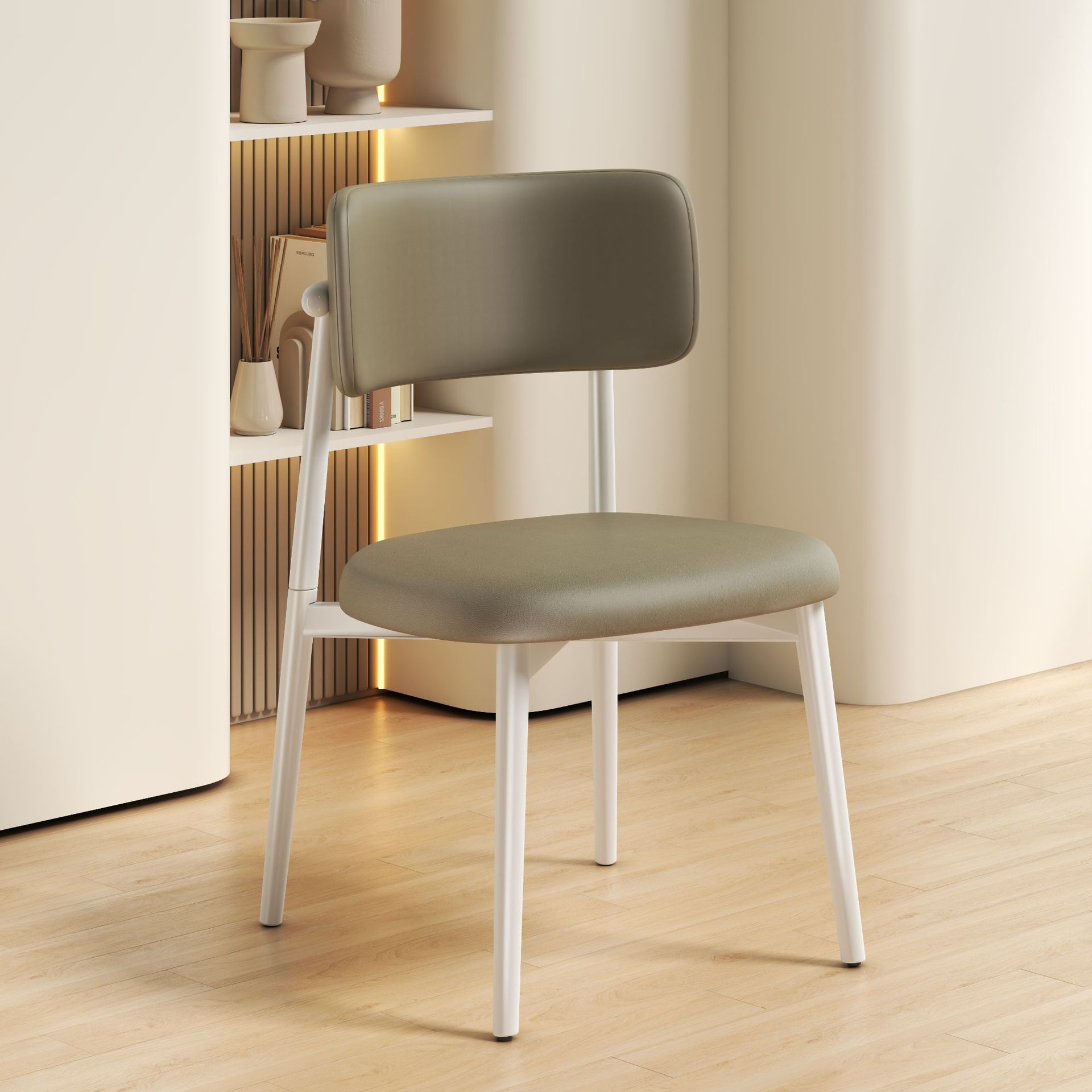 โครงสีขาว เก้าอี้ทานอาหารสีกากี