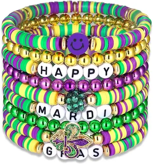 New Mardi Gras Vinyl Clay Beaded Rhinestone Bracelets Elastic Layering Friendship Bracelets Boho Summer Beach Stretch Jewelry