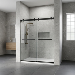 VEGA Modern Frameless <b>Shower</b> Glass Doors 60"x74" 10mm Thick Tempered with Matted <b>Black</b> Sliding Hardware Square for Apartment Use - Product Image 4