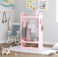 Armoire de rangement pour déguisements d'enfants avec dessus en forme de couronne et miroir, penderie ouverte, armoire pour enfants, pieds larges