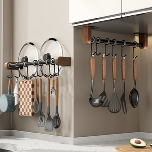 Wall Mounted Stainless Steel <b>Kitchen</b> <b>Hooks</b> Walnut Wood Hanging Rods For Spatula Spoon Storage Rack Punch Free Installation - Product Image 1