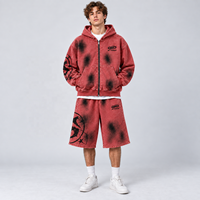 Ensemble survêtement homme vintage délavé à l'acide avec sweat à capuche zippé et short, imprimé graphique oversize, streetwear, 2 pièces, short long 3/4