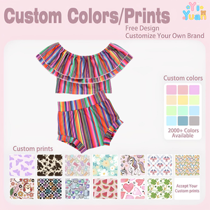 Completo Serape Personalizzato alla Moda per Bambine, Top Corto a Spalle Scoperte con Doppio Volant e <span class=keywords><strong>Pantaloncini</strong></span> con Orlo a Volant, Multicolore a Righe - Product Image 3